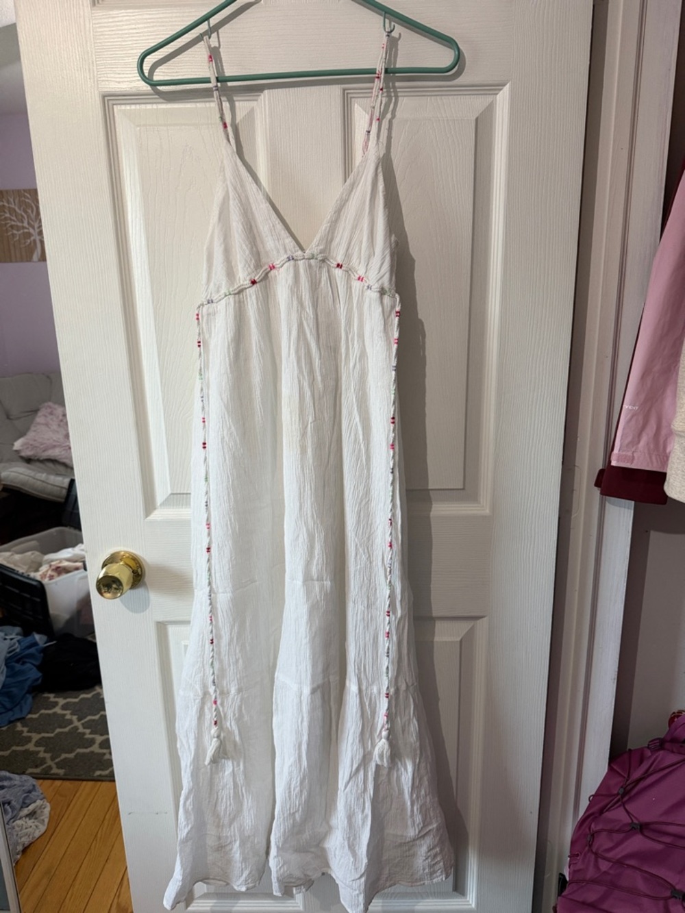 Zara White Maxi Dress with Pink Beaded Trimee